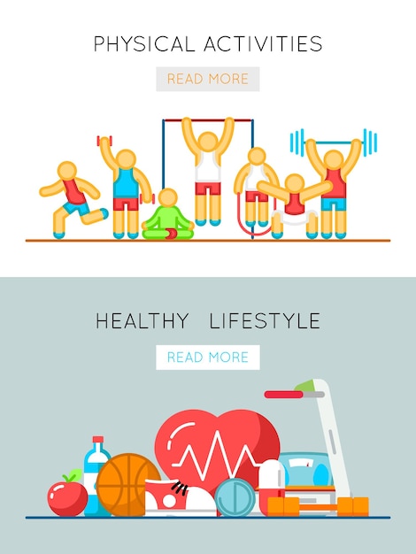 Gratis vector gezonde levensstijl en lichaamsbeweging platte lijn banners. trainingsactiviteit en fysieke gezondheidsillustratie