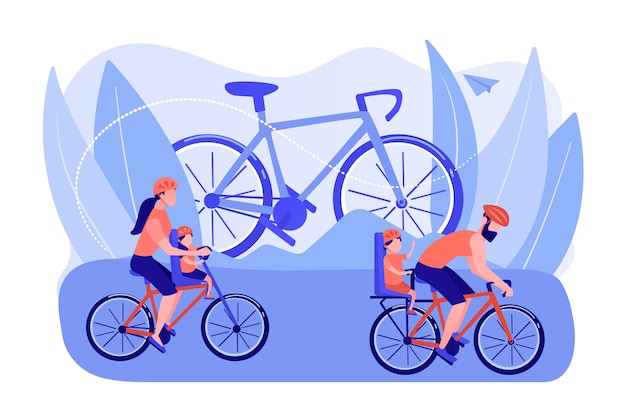 Gezonde levensstijl, ouders en kinderen sporten samen. fietservaringen, gezinsfietswandelingen, beste fietspaden, modern fietsversnellingsconcept. roze koraal bluevector geïsoleerde illustratie