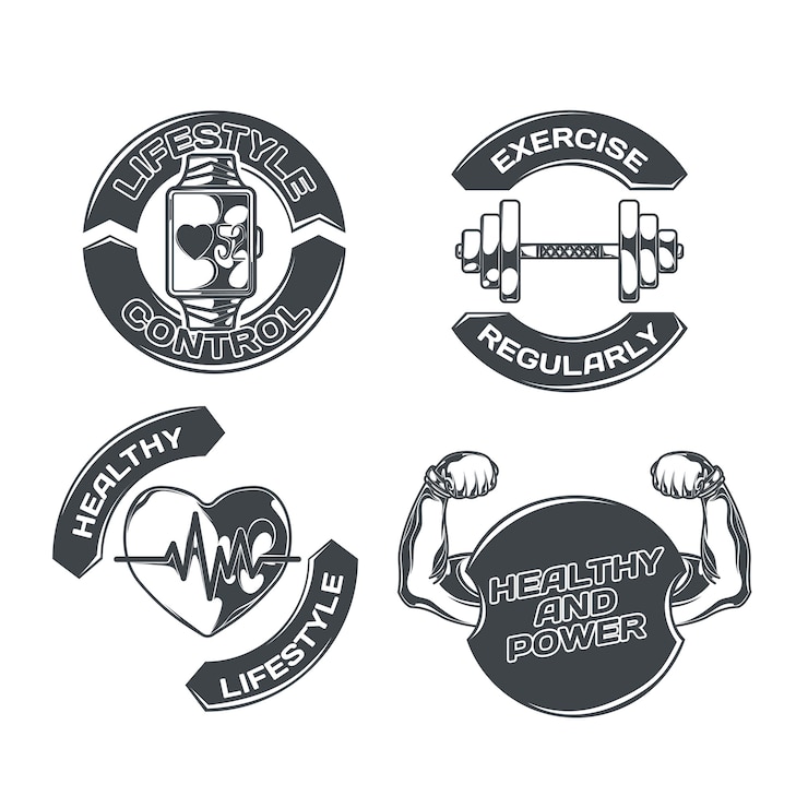 Gratis Vector gezonde levensstijl set met vier geïsoleerde emblemen met afbeeldingen van fysieke oefeningen hart en bewerkbare tekst