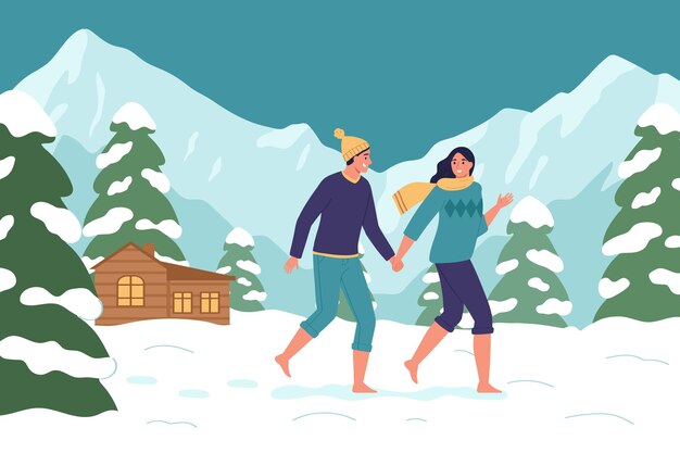 Gezonde levensverhardende samenstelling met buiten winterlandschap bergen huis en paar blootsvoets lopen op sneeuw vectorillustratie