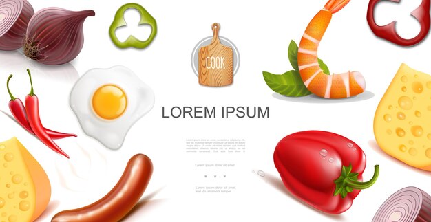 Gezonde voeding kleurrijke sjabloon met rode en chili pepers ui ei omelet kaasworsten in realistische stijl