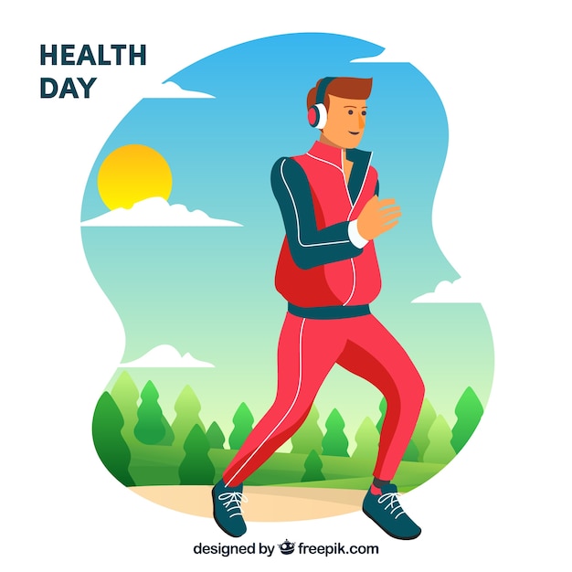 Gezondheid dag achtergrond met runner in hand getrokken stijl