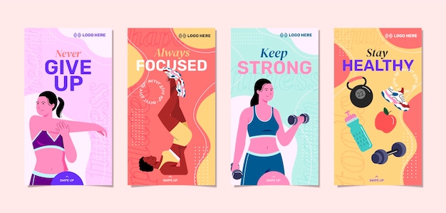 Gratis vector gezondheid en fitness instagram verhalencollectie