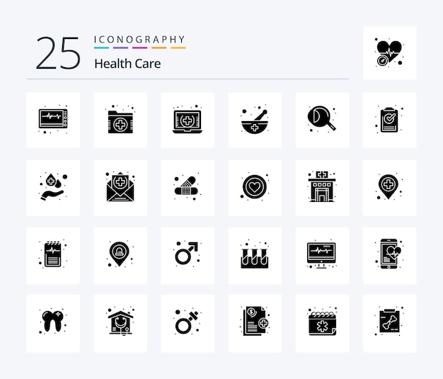 Gratis vector gezondheidszorg 25 solid glyph-pictogrampakket inclusief oogapotheek gezondheidszorg medicijnkom mespital