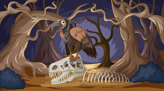 Gratis vector gier op het skelet in het angstaanjagende bos