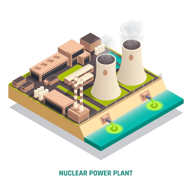 Giftig afval nucleaire chemische vervuiling biohazard isometrisch concept met illustratie van de bouw van een kerncentrale