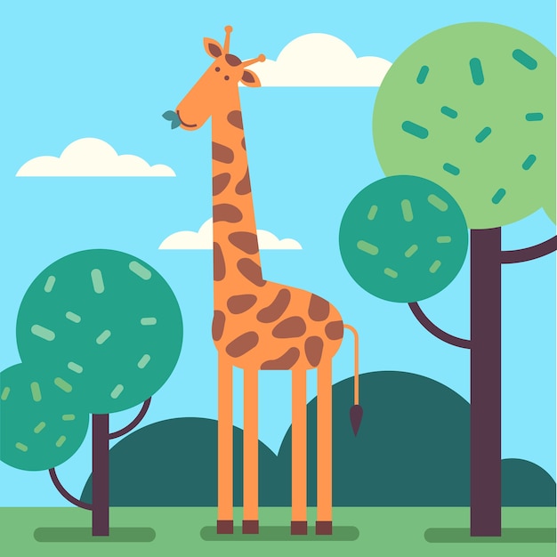 Gratis vector giraf sta lang en eet wat boombladeren