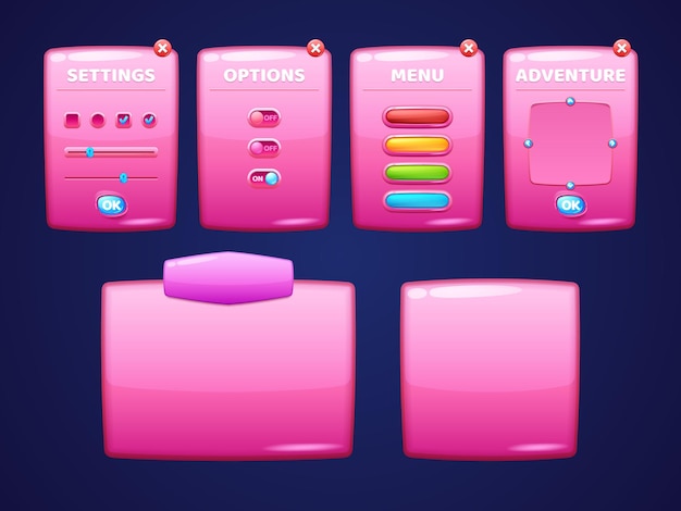 Gratis vector glanzend roze borden met knoppen voor game-interface