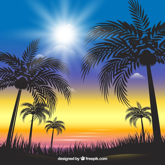 Gratis vector glanzende zomer achtergrond met palm silhouetten