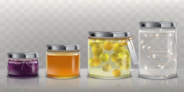 Glas potten met voedsel en krans vector set