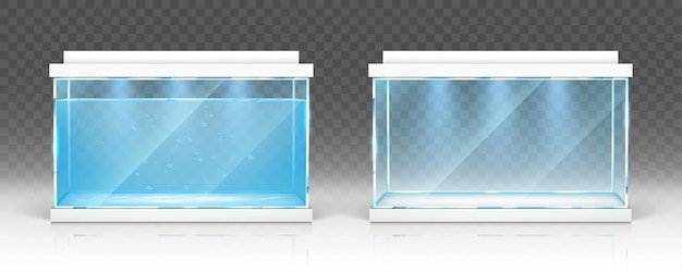 Glazen aquarium met water en leeg terrarium met witte deksels en verlichting op transparant