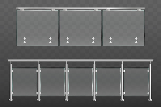 Glazen balustrade met metalen leuningen set geïsoleerd