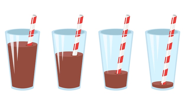 Glazen chocolade drankjes platte vector illustraties set. cartoon tekeningen van kopjes met cacao, chocolademelk, cocktail of milkshake met stro op witte achtergrond. drank, eten, dessert concept