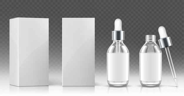 Glazen druppelflesje voor cosmetische olie of serum en witte pakketdoos vooraan en hoekweergave