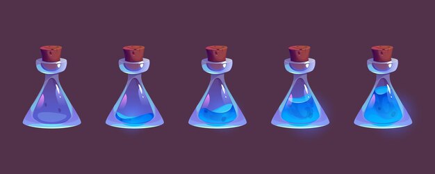 Glazen flessen met blauwe magische elixer geïsoleerd op achtergrond Vector cartoon illustratie van gekurkte alchemie lab kolven leeg of gevuld met neon vloeibare stof water geneeskunde gif tegengif