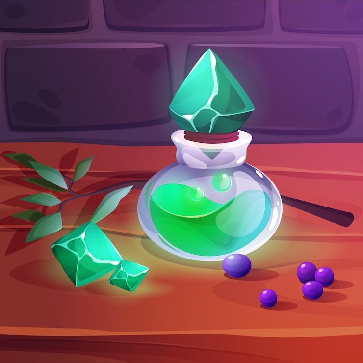 Gratis Vector glazen flessen met een magisch groen drankje op tafel