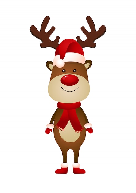 Gratis vector glimlachend rendier met kerstmuts en sjaal illustratie