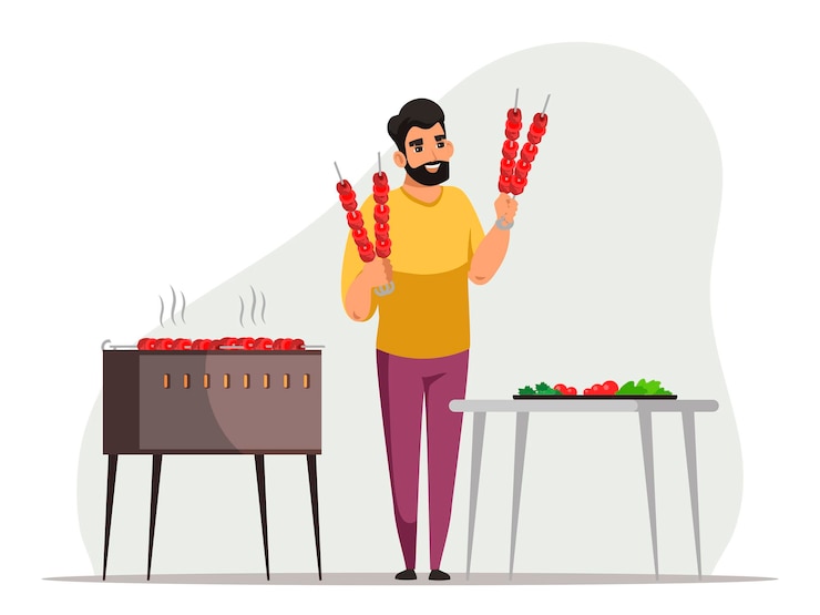 Gratis Vector glimlachende man met barbecuescène houdt kebab bij tafel met salade kook vlees op straatgrill thuisfeest of picknick koken op vuur