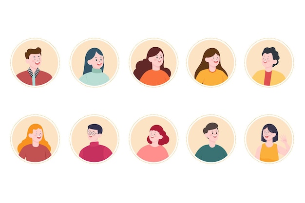 Gratis vector glimlachende mensen avatar set. verschillende karakters voor mannen en vrouwen.