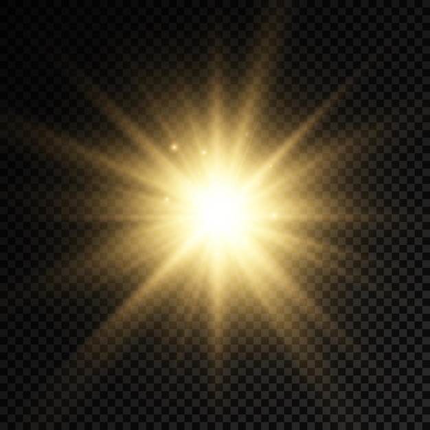 Gloed heldere ster gloeiend licht barstte gele zonnestralen gloed van zonneschijn Premium Vector