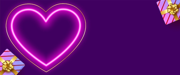 Gratis vector gloeiend neonhart op paarse banner met geschenkdoos en tekstruimte