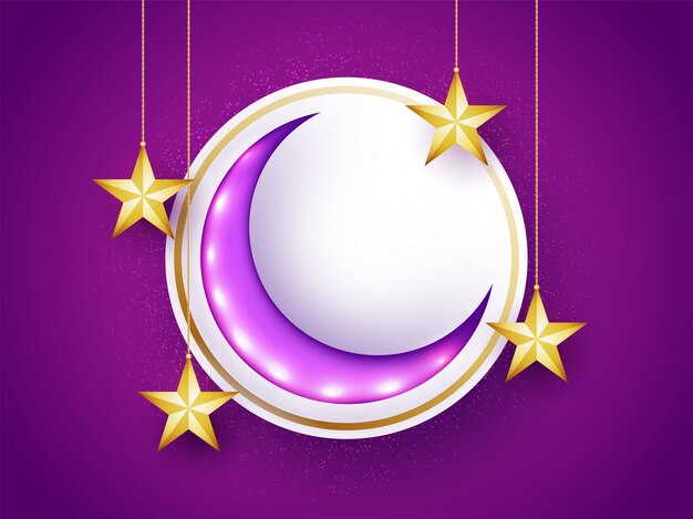 Glossy Crescent Moon met opknoping Gouden Sterren voor MoslimGemeenschap Festivals viering, Kan gebruikt worden als sticker, tag of label design