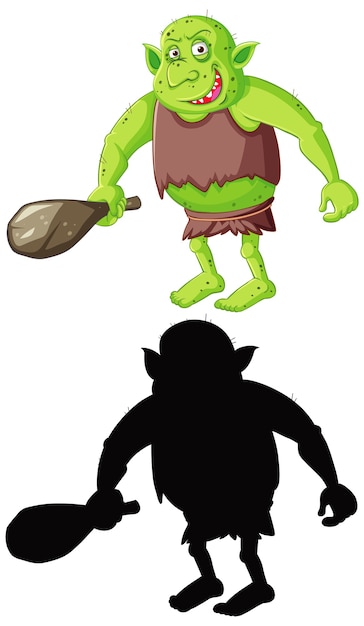 Goblin of trol in kleur en silhouet in stripfiguur op wit