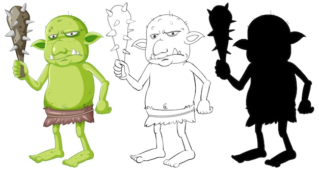 Goblin of trol met jachtgereedschap in kleur en omtrek en silhouet in stripfiguur op witte achtergrond