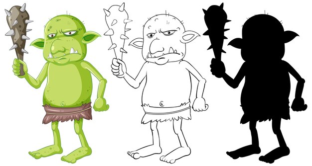 Goblin of trol met jachtgereedschap in kleur en omtrek en silhouet in stripfiguur op witte achtergrond