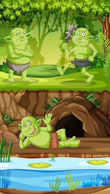 Gratis vector goblins of trollen met grot bos huis in cartoon stijl