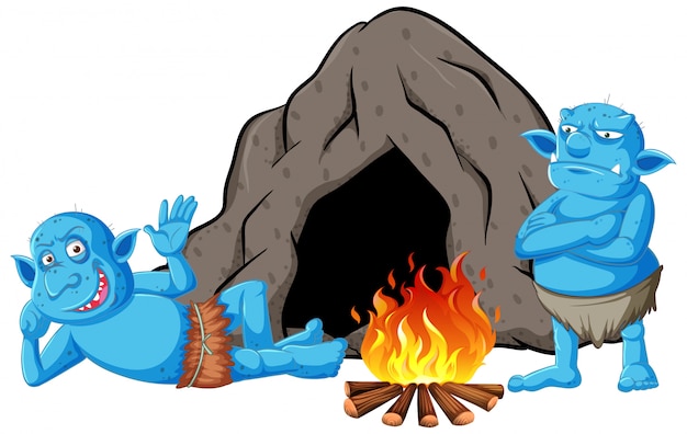 Goblins of trollen met grot huis en kampvuur in cartoon stijl geïsoleerd