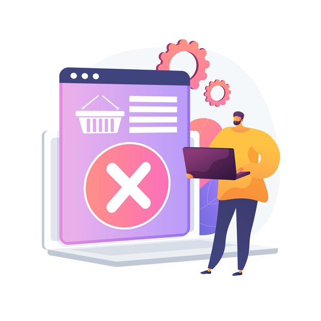 Goederen uit de mand halen, weigeren te kopen, beslissing wijzigen. Artikel verwijderen, prullenbak legen. Online shopping-app, stripfiguur van laptopgebruiker. Vector geïsoleerde concept metafoor illustratie.