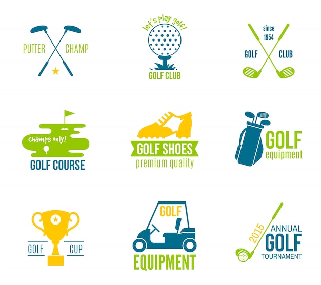 Golf club kampioenschap en apparatuur label gekleurde set geïsoleerde vector illustratie