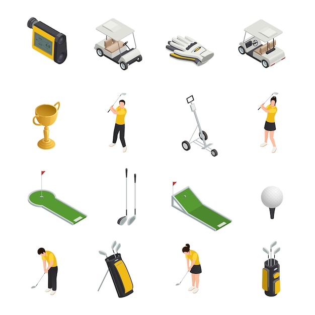 Gratis vector golf gekleurde isometrische geïsoleerde iconen set van golfers accessoires en uitrusting