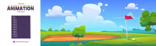 Golfbaan met groen gras zand bunker rode vlag en witte bal Vector parallax achtergrond klaar voor 2d animatie met cartoon zomer landschap van sportveld voor golf