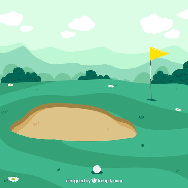 Gratis vector golfcursus achtergrond in de hand getrokken stijl