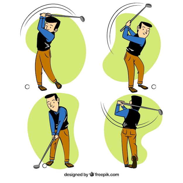 Gratis vector golfschommelingsinzameling in hand getrokken stijl