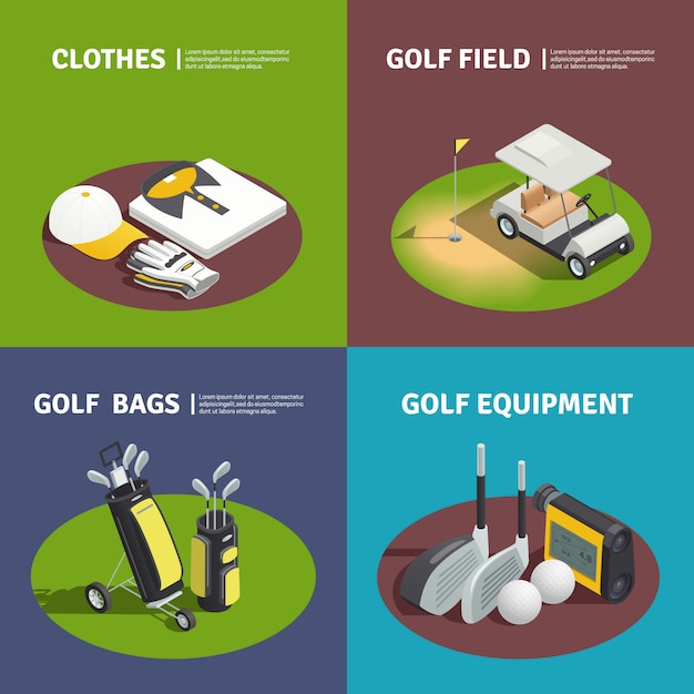 Gratis vector golfspeler kleding golftassen winkelwagen op veld- en golfuitrusting vierkante composities