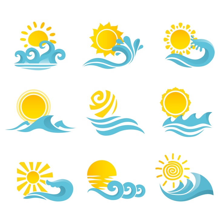 Gratis Vector golven stromen water zee oceaan iconen ingesteld met zon geïsoleerde vector illustratie