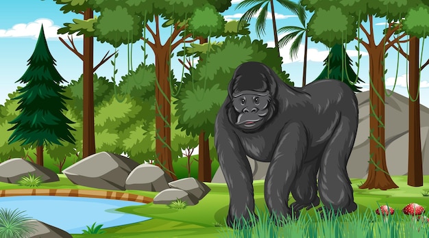 Gorilla in bos- of regenwoudscène met veel bomen