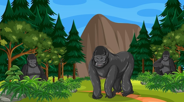 Gratis vector gorillagroep leeft in een bos- of regenwoudlandschap met veel bomen