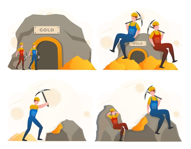 Gratis vector goud mijnwerker mijnwerker arbeid mensen mijnbouw winning van mineralen in de mijn en het oppervlak