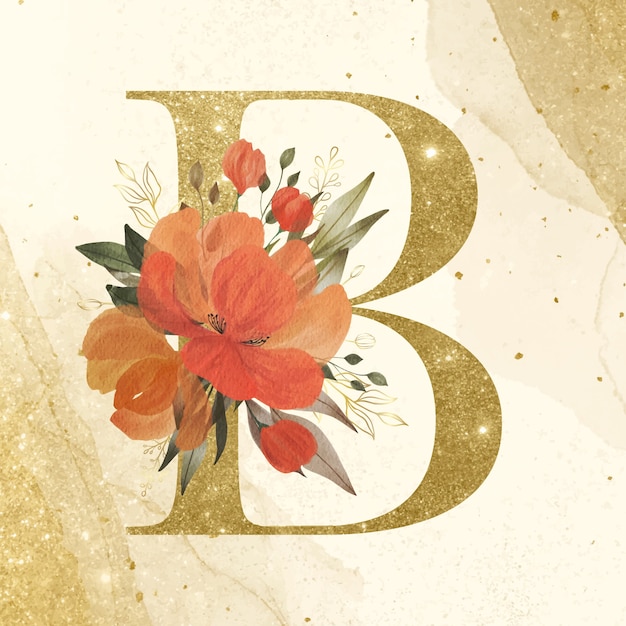 Gouden alfabet B met aquarel bloemdecoratie op gouden achtergrond voor branding en bruiloft logo