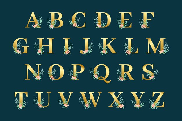 Gouden alfabet met gouden bloemenontwerp