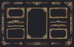 Gratis vector gouden art deco-ornamenten. arabische antieke decoratieve gouden rand, retro geometrische sierlijst en sierlijke gouden hoeken