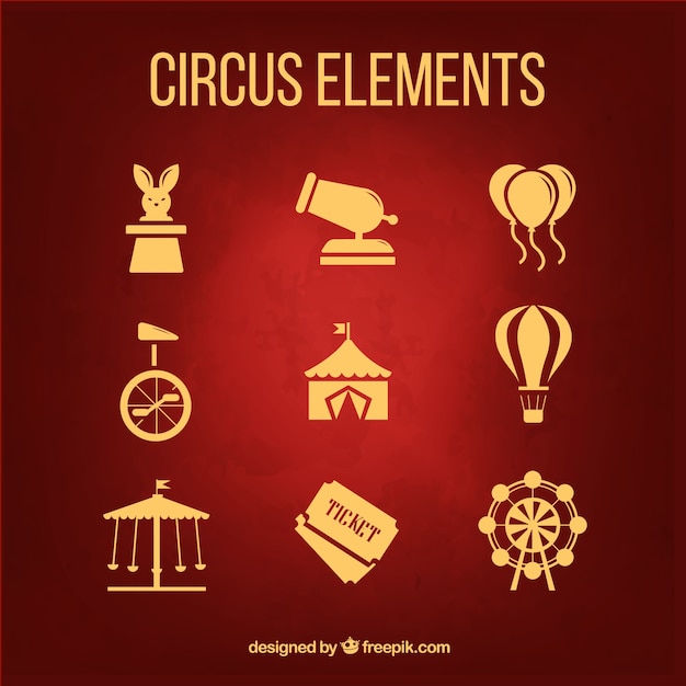 Gouden circus elementen verpakken in een plat ontwerp