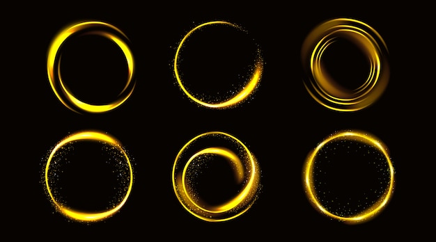 Gouden cirkels met glitters, gouden ronde frames, glanzende randen met glitter of sprookjesstof, gloeiende ringen, geïsoleerde fantasieontwerpelementen realistische 3d-vectorillustratie, set