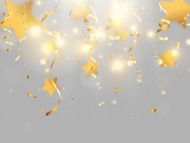 Gouden confetti valt op een mooie achtergrond vallende slingers op het podium