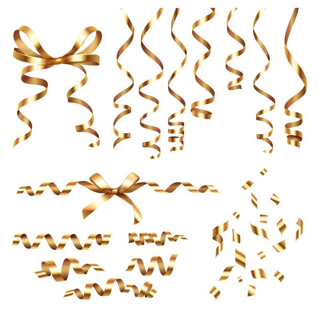 Gouden gekrulde linten serpentijn realistische set met geïsoleerde afbeeldingen