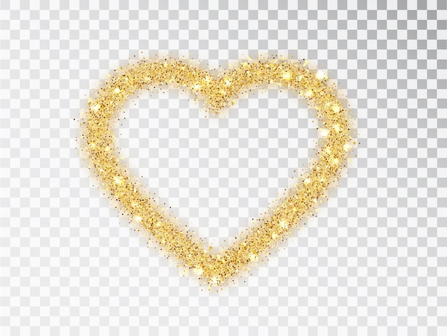 Gouden glitter hart frame met glitters op transparante achtergrond. valentijnsdag ontwerpsjabloon voor kaart, poster, uitnodiging, flyer, cadeau, dekking. vector gouden stof geïsoleerd.